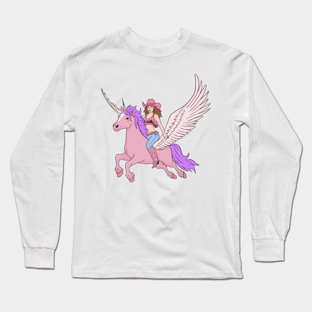 Cowgirl Riding a Pink Unicorn Long Sleeve T-Shirt by Alure Prints